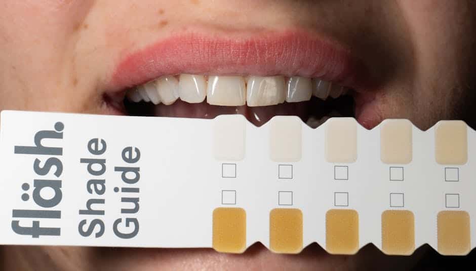 Adult holding a dental shade guide to compare tooth whitening results.