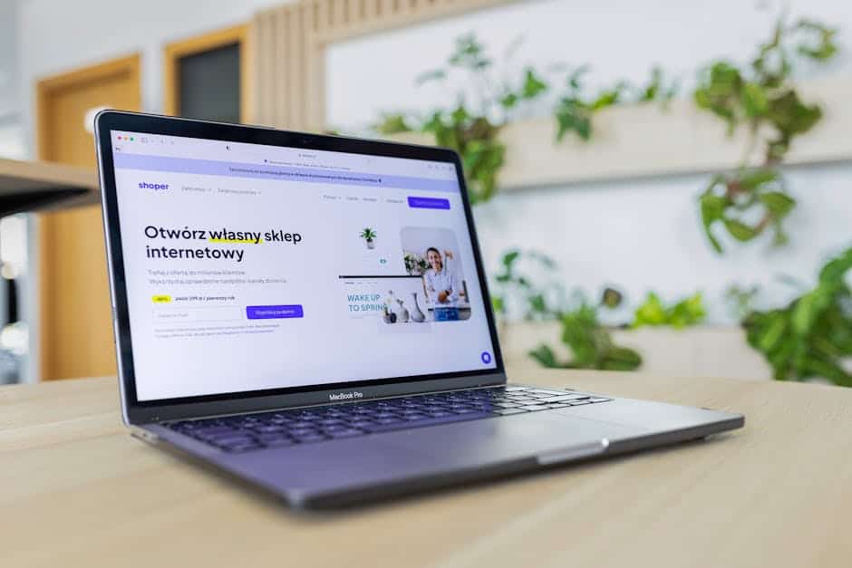 Close-up of a laptop with an open e-commerce website, surrounded by modern office decor.