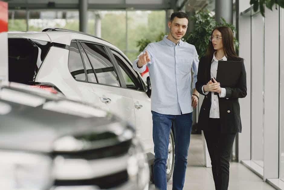 Customer and salesperson discussing a vehicle inside a modern car dealership showroom.