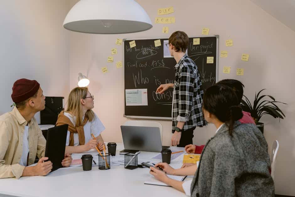 A diverse team having a collaborative brainstorming session in a modern office environment.