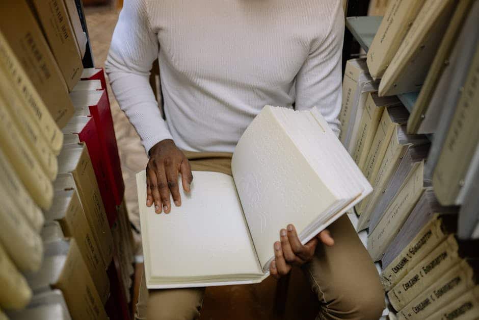 Individual reading a braille book in a library surrounded by bookshelves.
