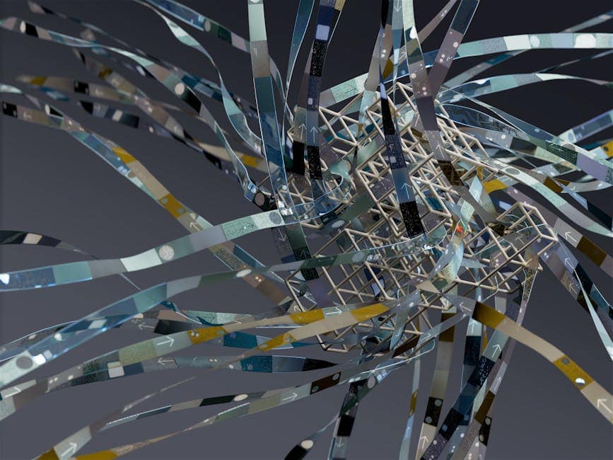 Intricate wireframe with dynamic ribbons in an abstract 3D composition.