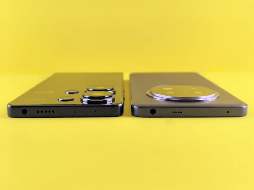 Two smartphones showcased side-by-side against a vibrant yellow background.