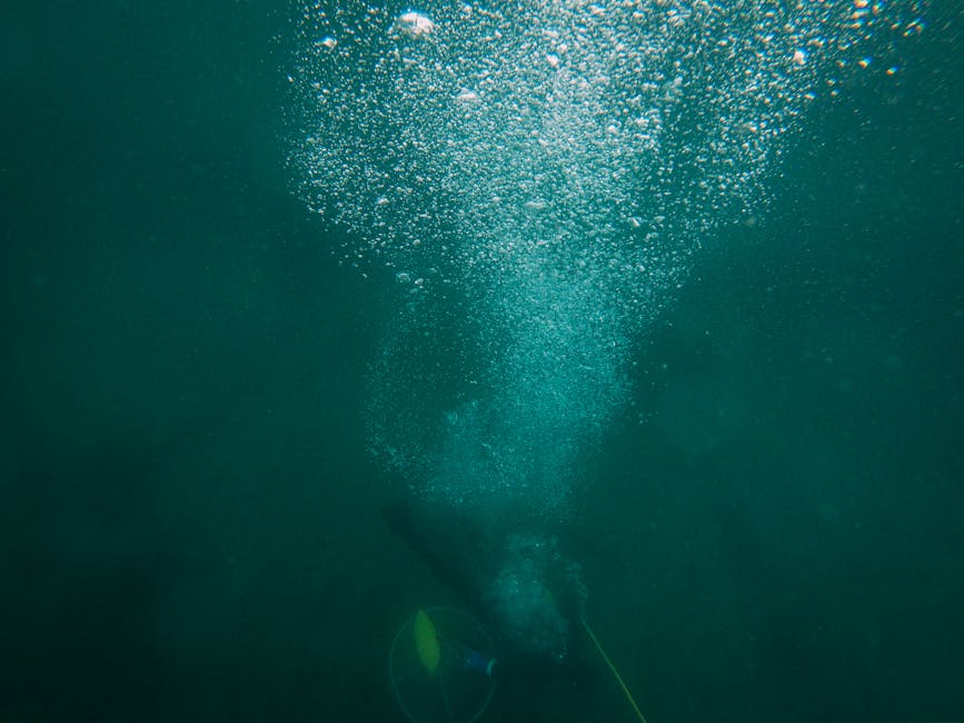 A scuba diver creates a trail of bubbles while exploring the deep ocean underwater.