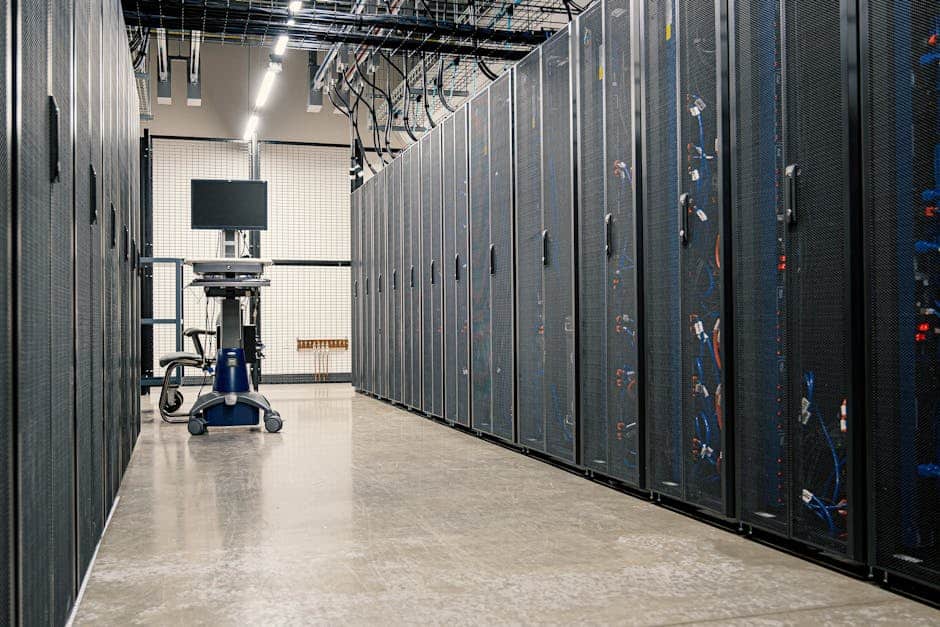 Modern data center corridor with server racks and computer equipment. Ideal for technology and IT concepts.