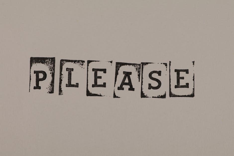 Stamped 'Please' text on a beige background, minimalist and conceptual style.
