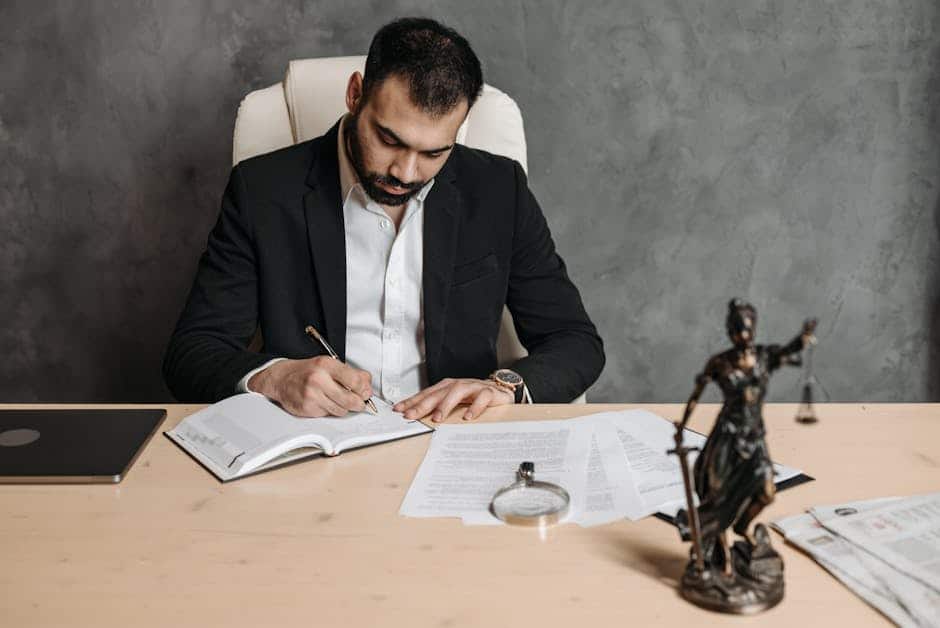 Focused lawyer in black suit at desk writing on documents in an office setting with legal statue.