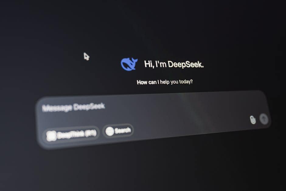 A detailed view of the DeepSeek AI interface, displaying a welcoming message on a dark background.